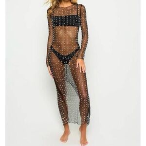 NEW BEACH BUNNY champagne nights pearl mesh dress in black